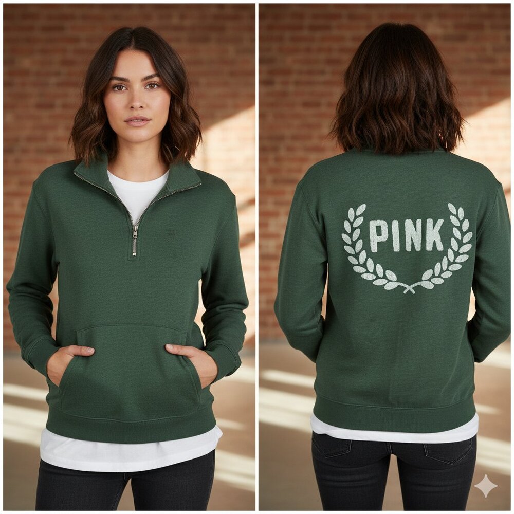 PINK Victoria's Secret Forest Green Half-Zip Pullover - Picture 1 of 9